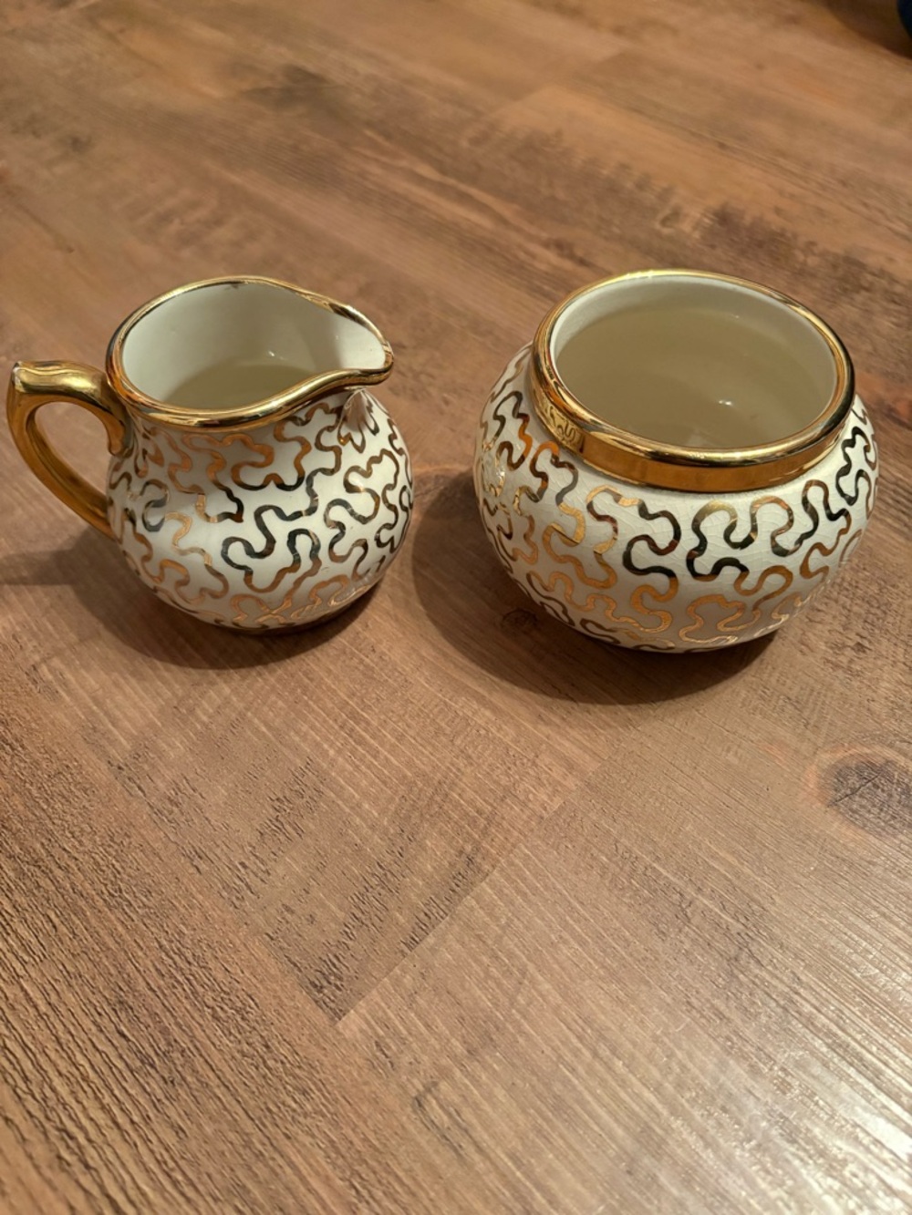 Vintage Sudlow's Burslem Gold Squiggle Creamer & Sugar Bowl Set